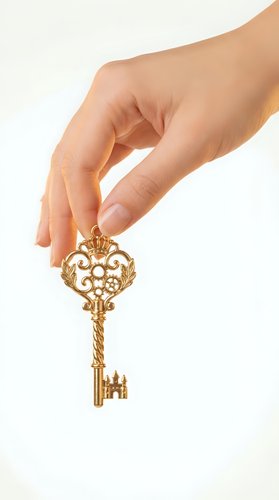 Female hand holding ornate golden vintage key with decorative baroque design isolated on white background for luxury and security concepts.