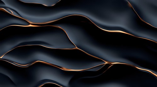 Abstract black wavy layers with glowing copper edges create dynamic flowing pattern. Elegant dark background design with metallic accent lines for luxury branding.