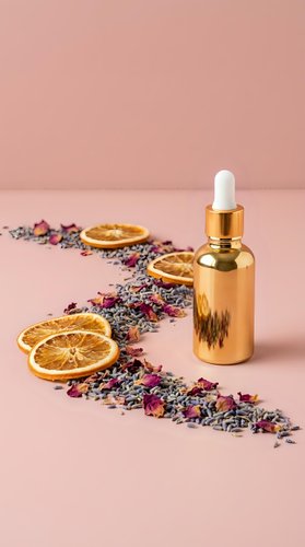 Golden dropper bottle with dried orange slices and herbal tea blend on pink background for natural skincare and aromatherapy wellness products.