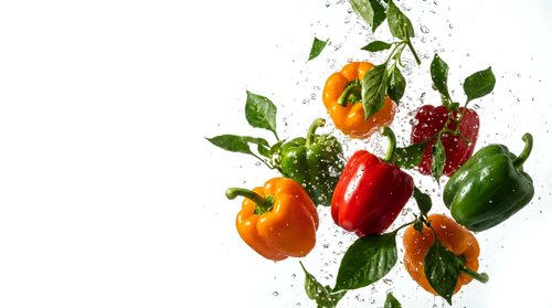 Fresh colorful bell peppers with water droplets and green leaves splashing on white background for healthy cooking and nutrition concepts.