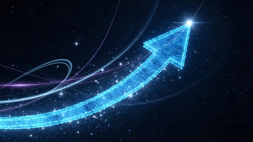 Digital arrow pointing upward with glowing particles and light trails on dark background representing growth, success and progress in business.