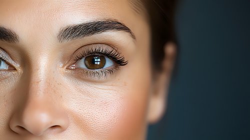 Close up portrait showing natural glowing skin, defined eyebrows, and long eyelashes against dark background, highlighting professional beauty and cosmetic makeup application.