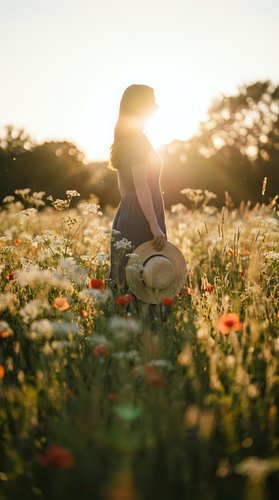 Woman standing in wildflower meadow at golden hour holding straw hat, surrounded by blooming poppies and daisies, backlit by sunset for lifestyle and nature photography.