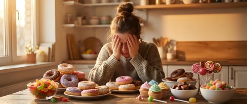 Woman with brown hair in bun, wearing beige sweater, covering face with hands in overwhelmed gesture, surrounded by colorful donuts, pastries and desserts on table in bright kitchen.