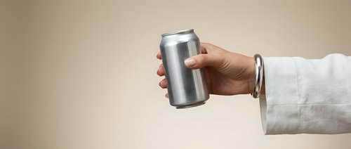 Hand holding blank silver aluminum beverage can against neutral beige background for mockup design and branding purposes.