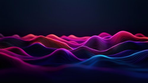 Glowing neon waves with pink, purple and blue gradient colors on dark background create dynamic flowing motion effect for modern technology designs.