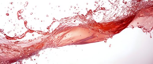 Red wine splash with dynamic liquid motion and droplets on white background, flowing wave of burgundy beverage creating artistic abstract pattern.