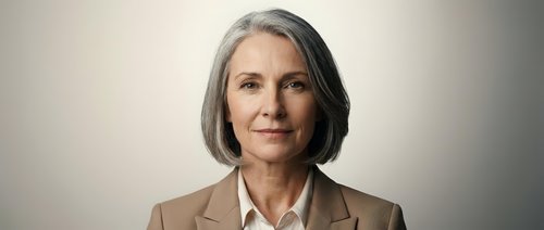 Professional mature Caucasian businesswoman with gray hair in beige suit jacket smiling confidently against neutral background for corporate presentations.