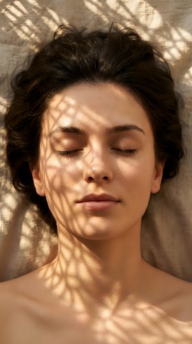 Peaceful young woman with closed eyes lying in natural sunlight with shadow patterns across her face creating artistic light and shadow effects for wellness concepts.
