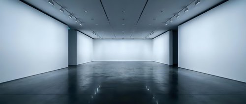Empty modern art gallery interior with white walls, polished concrete floor and professional track lighting for exhibitions and displays.