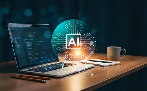 Modern laptop displaying code with glowing AI hologram sphere on wooden desk. Artificial intelligence programming concept for tech presentations and digital innovation.