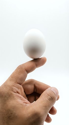 Hand holding white egg isolated on white background, suitable for cooking, nutrition, food concepts, and design projects.
