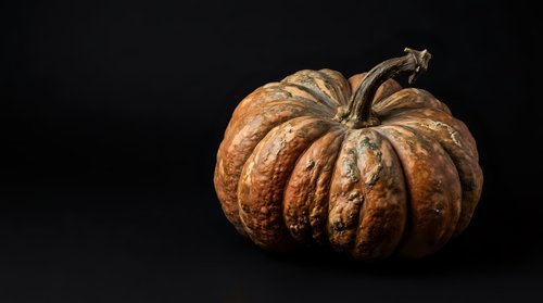 Textured orange pumpkin with deep ridges and weathered surface isolated on black background, suitable for autumn harvest designs and seasonal marketing materials.
