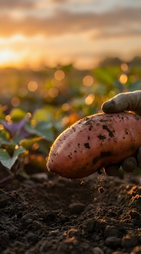 Fresh harvested sweet potatoes in rich soil during golden hour sunset with warm bokeh lights creating agricultural farming atmosphere for organic food concepts.