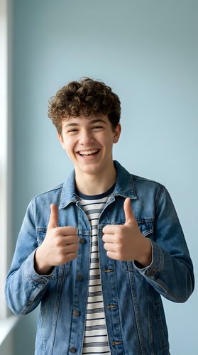 Happy teenage boy with curly hair giving thumbs up gesture wearing denim jacket and striped shirt against light blue wall background for youth lifestyle content.