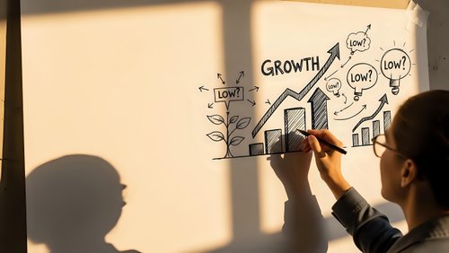 Business professional drawing growth chart with upward arrow and success concepts on wall in sunlit office environment for strategic planning.