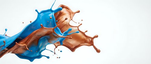 Dynamic splash of blue and brown liquid creating abstract fluid motion with droplets and waves against white background for creative design projects.