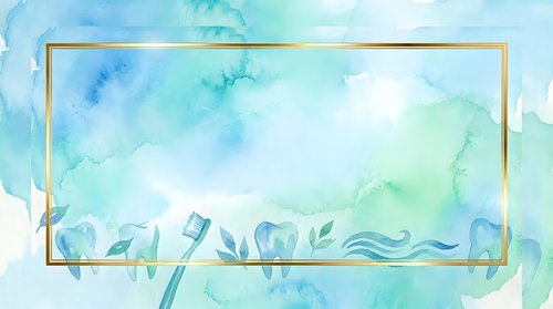 Watercolor painting with soft blue and green washes featuring botanical elements and gold frame border, suitable for backgrounds, invitations, and design projects.