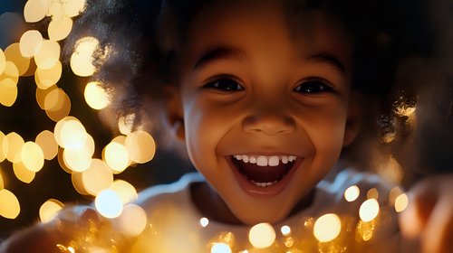 Young African American girl with curly hair smiling joyfully while holding warm glowing string lights, creating magical bokeh effect for holiday celebrations.