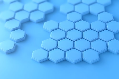 Abstract hexagonal geometric pattern in soft blue tones creating depth and dimension with repeating honeycomb shapes and subtle shadows for modern tech designs.