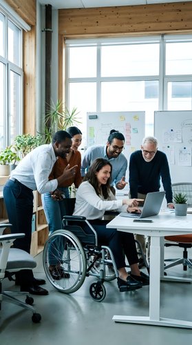 Diverse business team collaborating in modern office with woman in wheelchair leading project discussion. Inclusive workplace teamwork and accessibility concept.