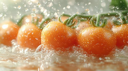 Fresh cherry tomatoes with water drops splashing and rolling on wet surface in soft natural light, creating dynamic food photography composition.