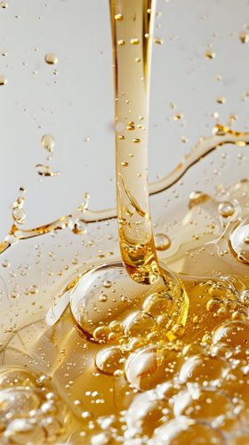 Golden liquid stream creating bubbles and splash on surface with dynamic droplet formation, macro photography showing honey or syrup flow texture in warm amber tones.