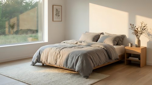 Cozy bedroom interior with unmade bed featuring neutral bedding, wooden nightstand, dried flowers in vase, and natural sunlight from large window overlooking garden landscape.