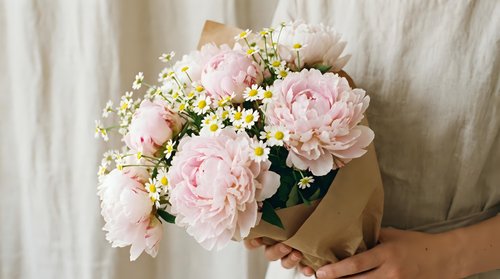 Pink peony bouquet with baby's breath wrapped in kraft paper held by woman, perfect for Mother's Day gifts, weddings, romantic occasions and floral arrangements.