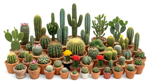 Large collection of diverse cacti and succulents in terracotta pots isolated on white background for home decor, gardening and botanical design projects.