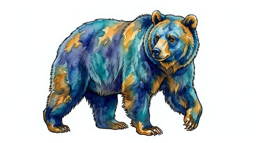 Colorful bear with blue, teal, and gold fur isolated on white background, suitable for t-shirt design, clipart, and creative projects.