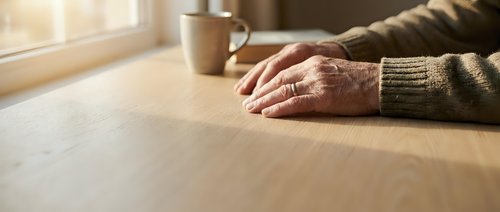 Senior man hands resting on wooden table with coffee mug in warm morning sunlight creating peaceful contemplative moment for relaxation and mindfulness concepts.