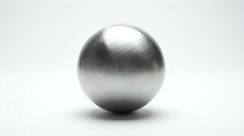Polished chrome metal sphere with brushed steel texture and reflective surface on white background for modern design projects.