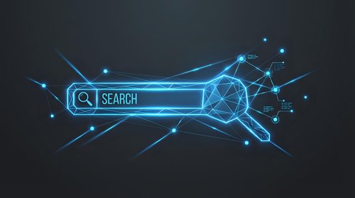 Digital search bar with glowing blue network connections and geometric patterns on dark background for web technology and data analytics concepts.