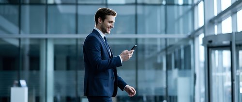 Professional businessman in navy suit using smartphone in modern glass office building lobby for corporate communication and mobile technology.