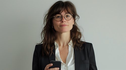 Young professional woman with glasses and dark wavy hair wearing black blazer and white shirt smiling confidently against light background, expressing success and leadership.
