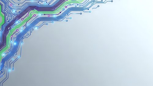 Abstract circuit board pattern with blue and green electronic pathways on gray background for technology designs and digital presentations.
