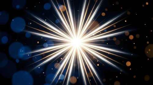 Bright starburst explosion with radiant light rays emanating from center against dark cosmic background with glowing particles and bokeh effects.