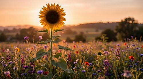 Single sunflower stands tall in colorful wildflower meadow during golden hour sunset with warm orange sky and rolling hills in background.
