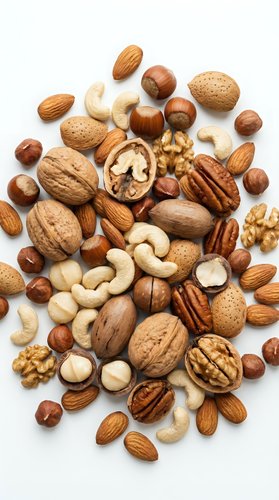 Mixed nuts collection with almonds, walnuts, cashews, hazelnuts and pecans isolated on white background for healthy snacking and cooking ingredients.