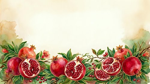 Pomegranate fruits with leaves and flowers arranged as decorative border on cream background, suitable for food packaging, recipe cards, and culinary design projects.