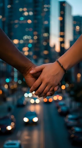 Couple holding hands against blurred city lights at dusk, symbolizing love, unity, and connection in an urban setting.
