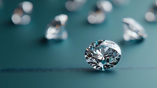 Brilliant cut diamonds scattered on turquoise surface with main gem in focus showing luxury sparkle and clarity. Perfect for jewelry advertising.
