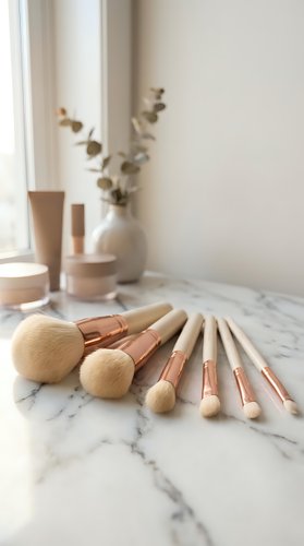 Professional makeup brushes with rose gold handles arranged on marble surface in minimalist bathroom setting with natural lighting and eucalyptus decor.