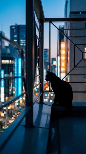 Silhouette of cat sitting on modern balcony railing at dusk overlooking illuminated cityscape with skyscrapers and neon lights for pet, urban lifestyle, and evening mood concepts.