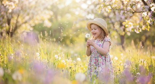 Young Caucasian girl in floral dress and straw hat blowing dandelion in sunny blooming garden with wildflowers in spring.