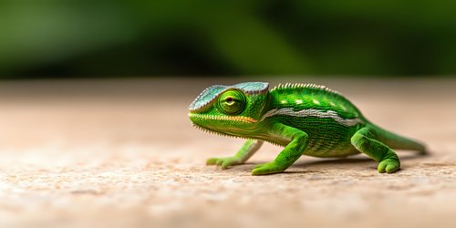Green chameleon with bright eye walking on textured surface against blurred natural background, detailed scales and expressive features in macro photography.