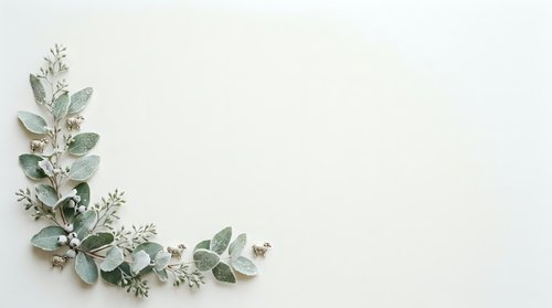 Dried eucalyptus and fern leaves arranged in corner border on white background, isolated botanical elements for wedding invitations, greeting cards, and design projects.