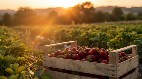 Fresh red apples in wooden crate at vineyard during golden hour sunset. Organic fruit harvest in agricultural landscape with warm sunlight and mountain backdrop.