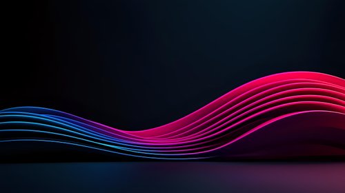 Glowing neon pink and blue wavy lines creating dynamic motion effect against dark background, abstract modern design for technology and digital concepts.